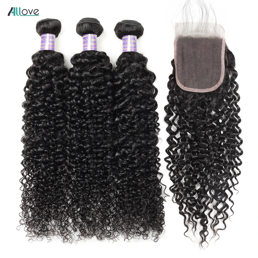 Kinky Curly Human Hair Bundles With Closure 5x5 Transparent  Lace Closure With Bundles Brazilian Remy Human Hair Weave Extension