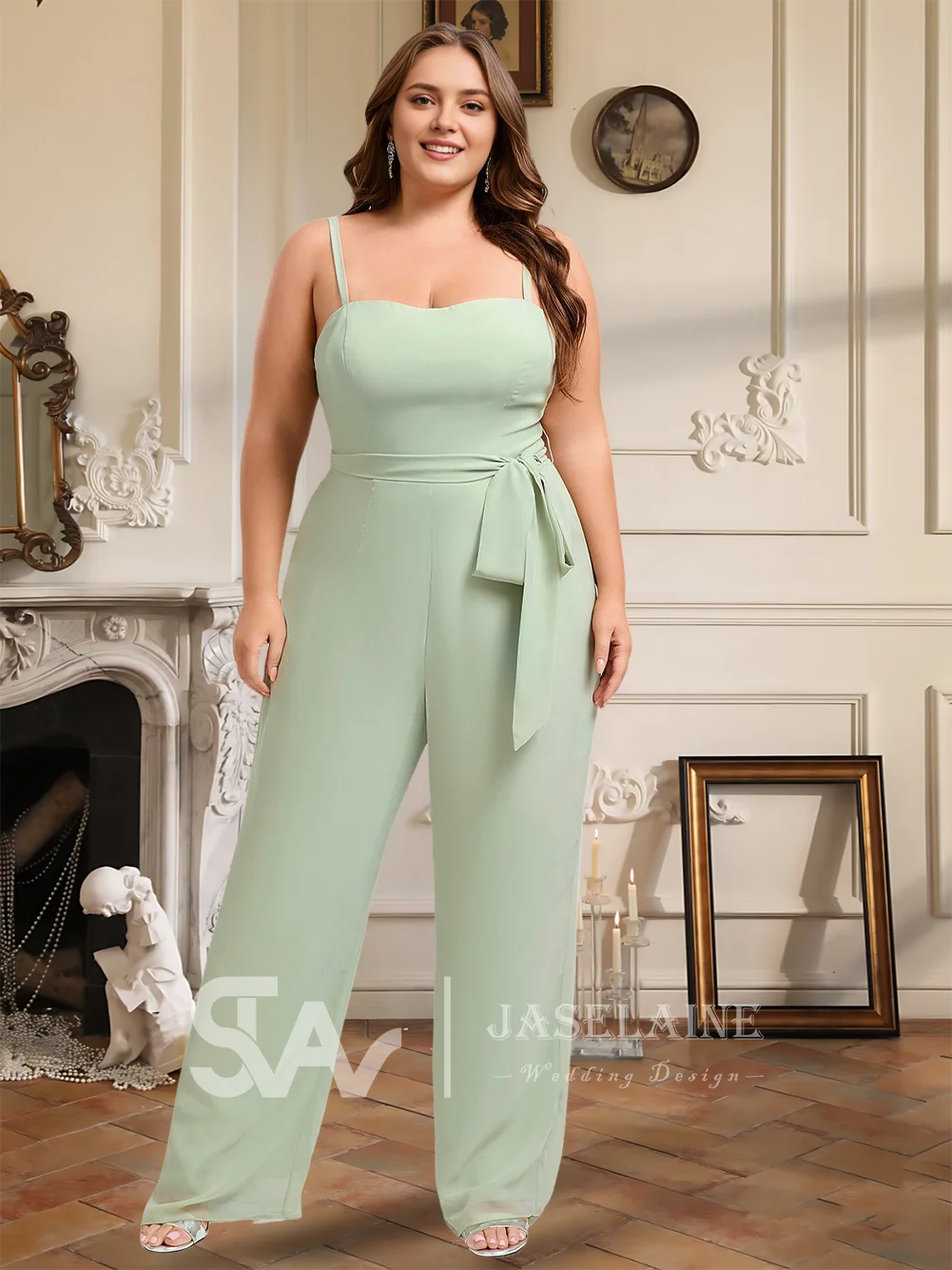 

QA Jumpsuit Pantsuit Chiffon Bridesmaid Dresses Floor-Length Square Spaghetti Straps Sash Belt Wedding Evening Party Cocktail