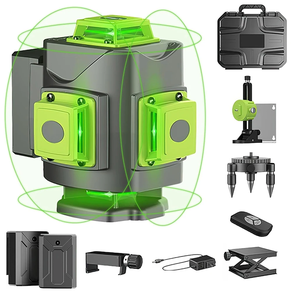 Laser Level 16 Wire 4D Self Leveling Laser Level Green Horizontal/Vertical 360 ° Laser Level with 2 Rechargeable Batteries