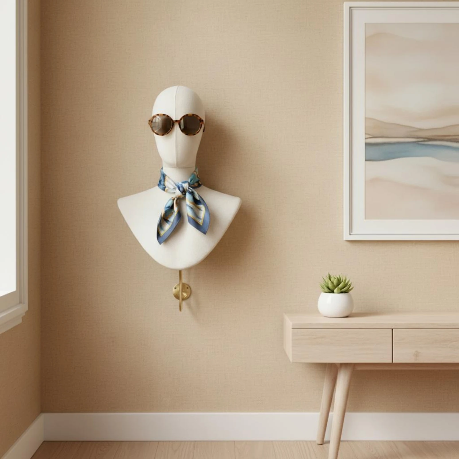 wall-mount-linen-wig-display-mannequin-bust-with-gold-hook-neck-jewelry-hat-display-hair-accessory-holder-for-salon-retail-shop