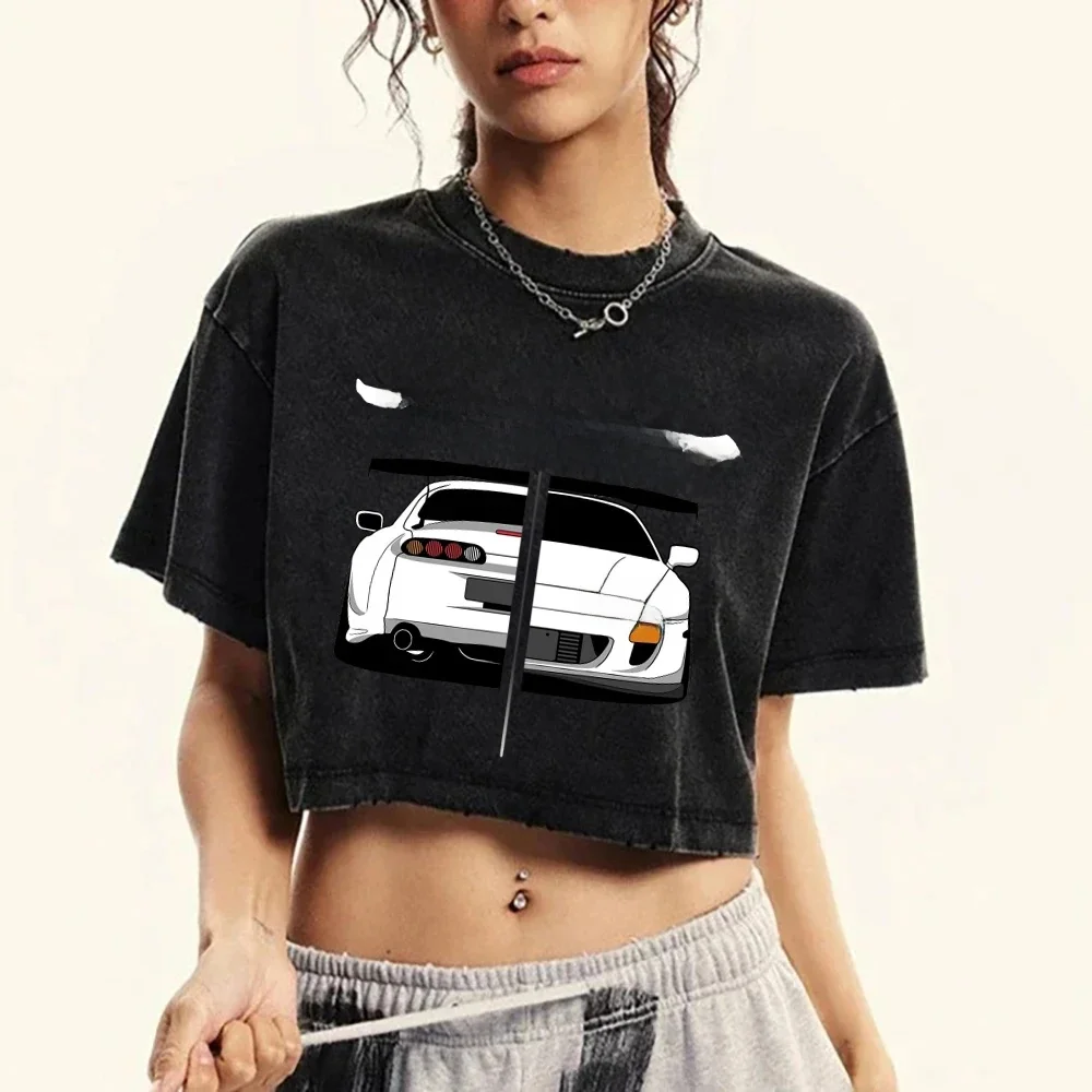 Femme coton lavé T-Shirts rue régulier col rond culture T-Shirts Style japonais Cool voiture Puzzle imprimer à manches courtes vêtements d'été