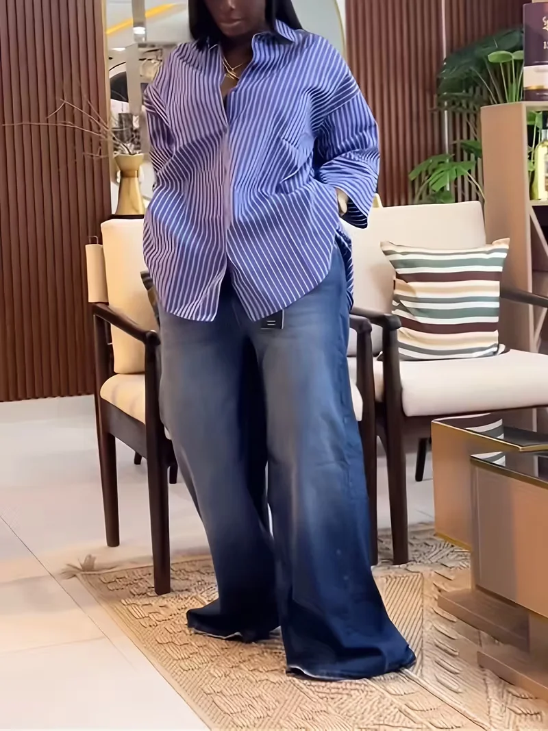 

Женская куртка-рубашка в сине-белую полоску с длинными рукавами — приталенный пиджак с широким воротником, легкая куртка на пуговицах, идеально подходит