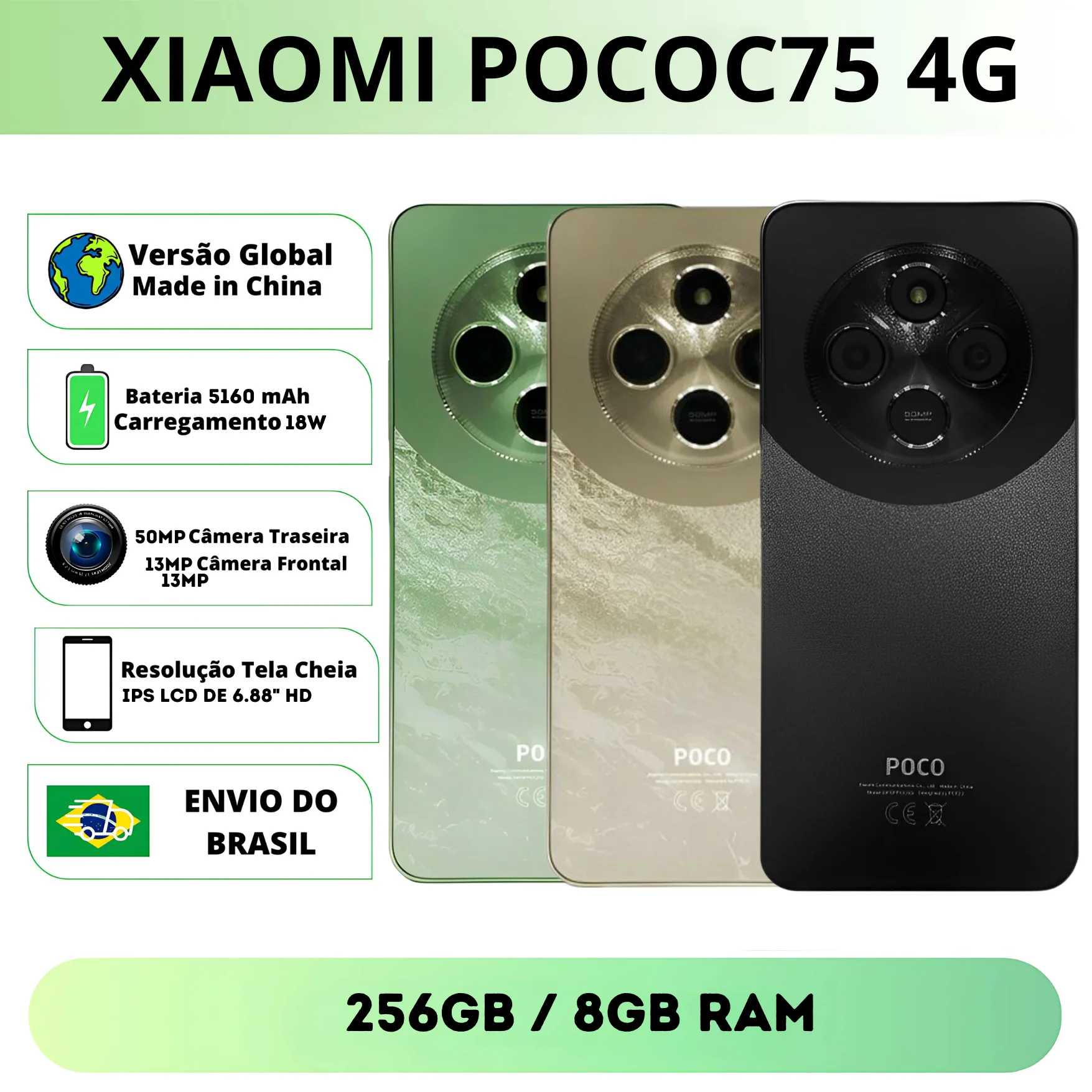 Xiaomi Poco C75 4G,256GB/8GB RAM, Câmera 50MP, Processador Mediatek Helio G85, VERSÃO GLOBAL, LACRADO