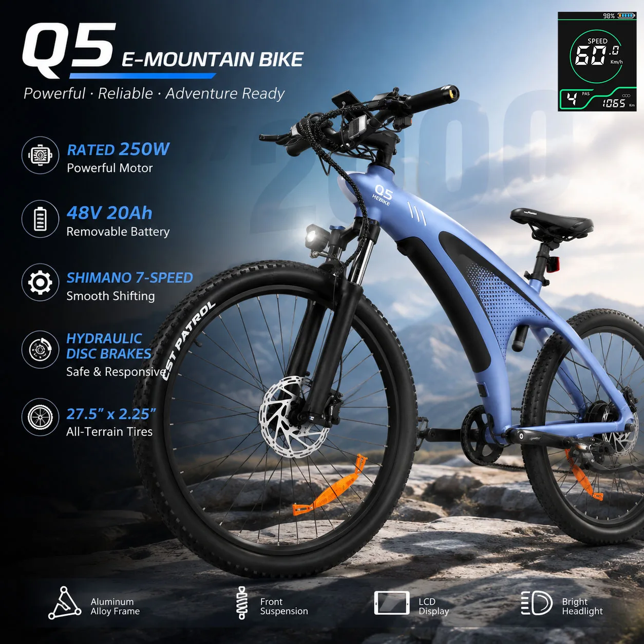 Vélo de montagne électrique HX Q5 250W pour adultes, vitesse limitée à 25 km/h, batterie amovible 48V 20Ah, capteur de couple 85 Nm, roues de 27,5 x 2