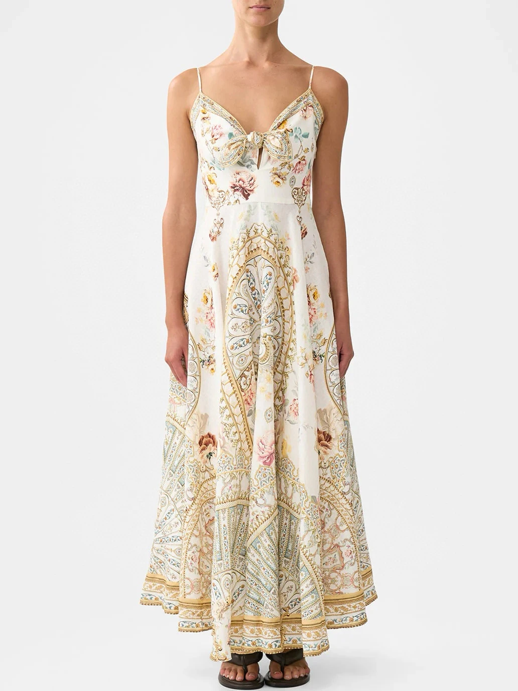 

Женское платье макси из 100% льна на тонких бретельках с цветочным принтом и узором пейсли, струящееся платье с бантом спереди