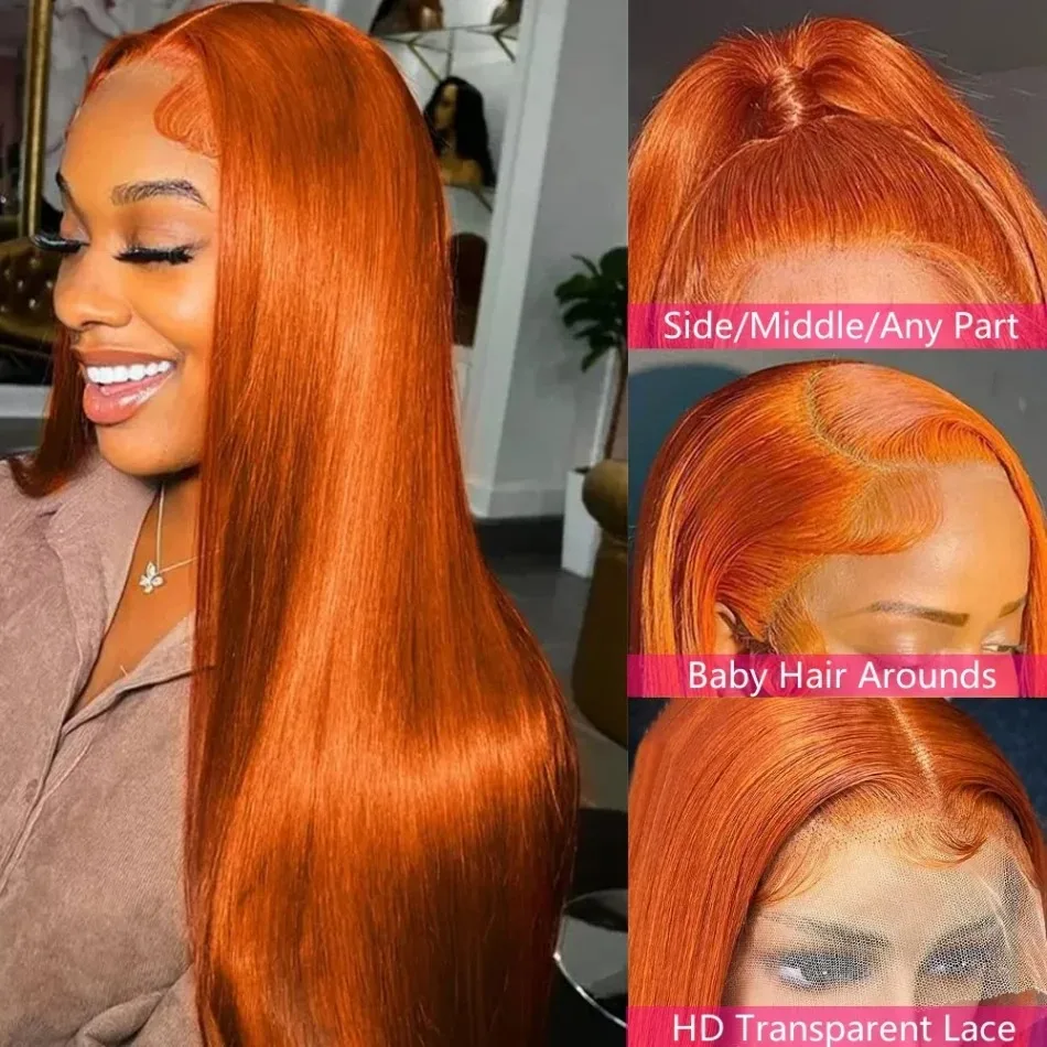 Ginger Orange Straight Wig Colored 13x4 13x7 HD Lace Frontal Wigs Human Hair 100% 40 Inch PrePlucked Burmese Wig For Black Women