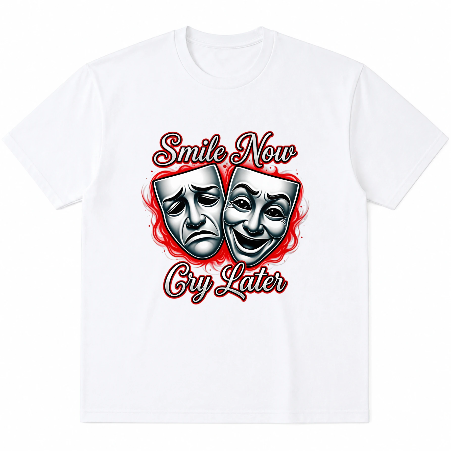 T-shirt originale con tatuaggio chicano, teatro, commedia, dramma, maschere, sorridi ora, piangi dopo, unisex, in cotone bianco, manica corta