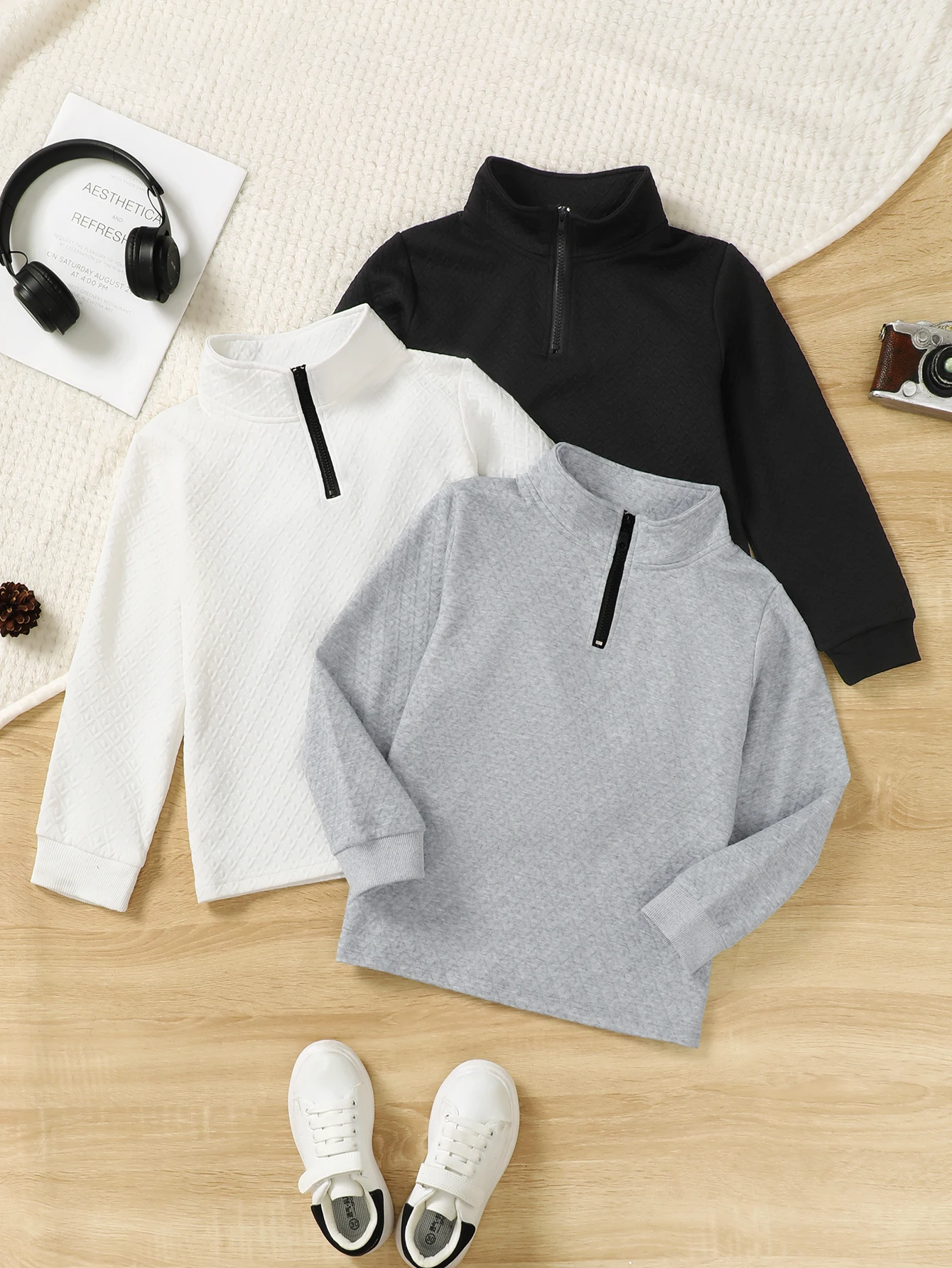 سويت شيرت للأطفال مكون من 3 قطع بسحاب ربع، بلوفرات مبطنة بأكمام طويلة للأولاد، نسيج يحافظ على الدفء، مناسب للخارج.