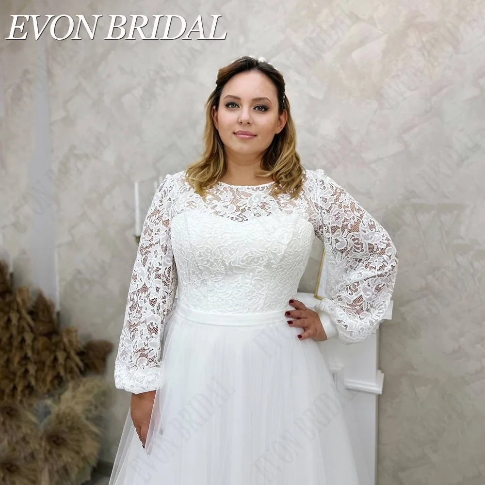 EVON BRIDAL Boho Long Puff Sleeve Wedding Dress Plus Size Scoop Neck Lace A-Line Bridal Gown Custom Made vestidos de novia