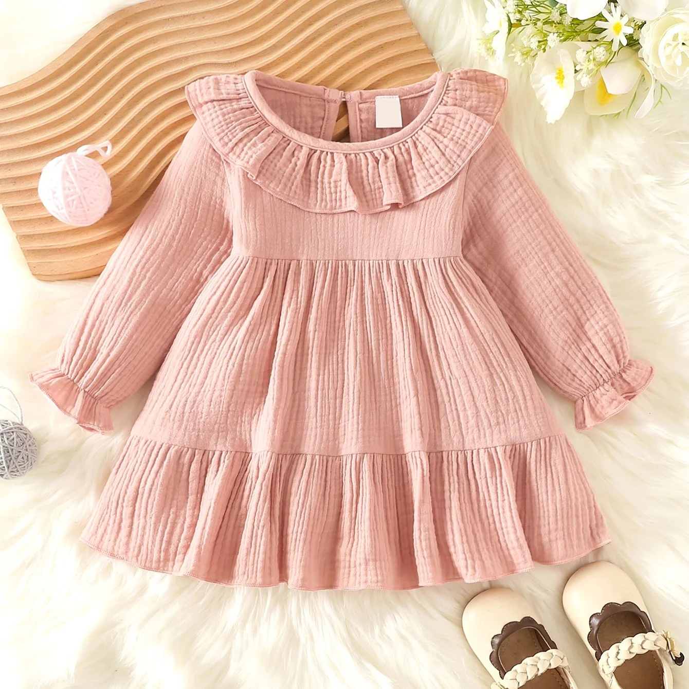 Kids Linen Cotton Dress Long Sleeve Baby Girls Sweet Style Muslin Cotton Casual Dress