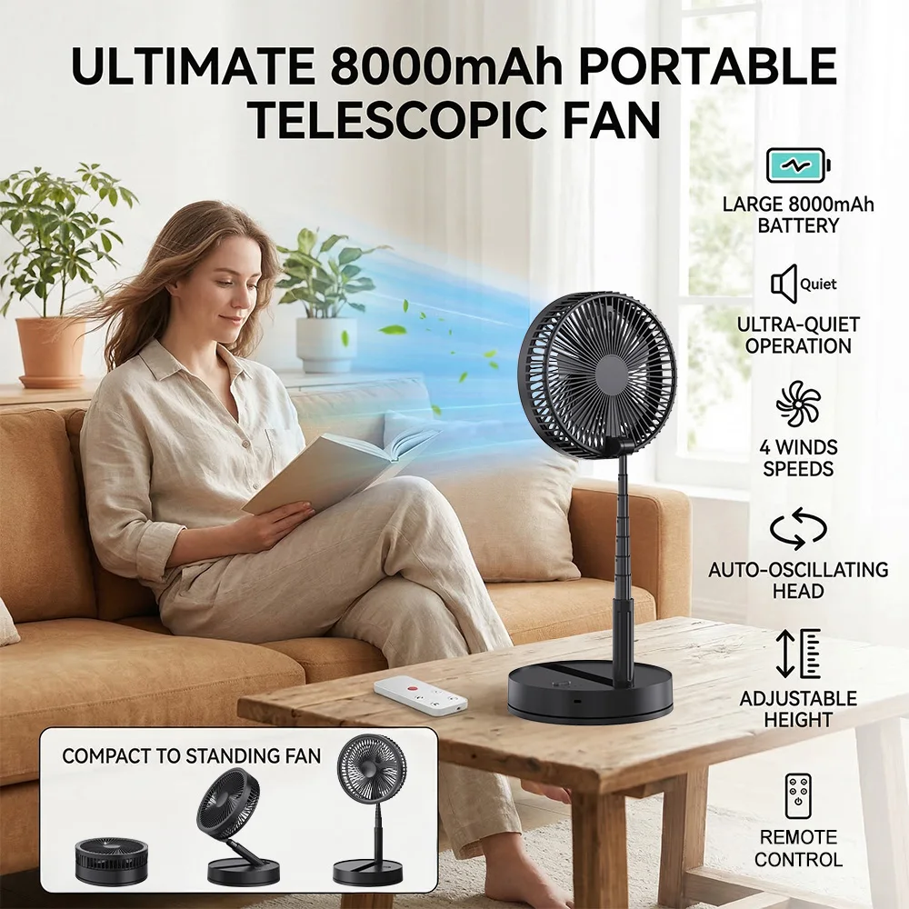 Wiederaufladbarer, faltbarer Ventilator mit Fernbedienung, Teleskop-USB-Tischventilator, 4-stufiger Timer, höhenverstellbar, Campingventilator für Zuhause, Büro, Zelt, Outdoor