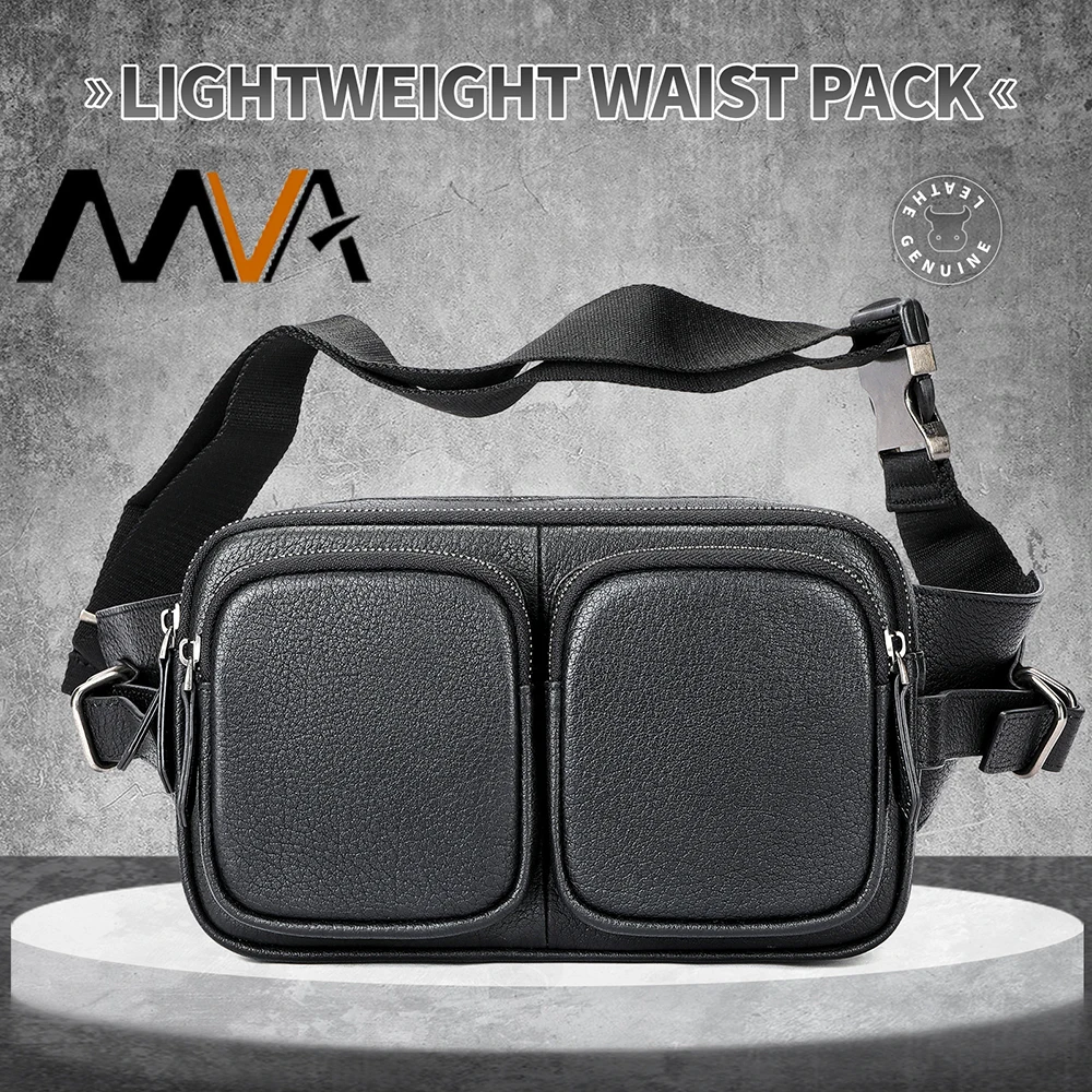 MVA Fanny Packs for Men Luxury Calfskin Leather Waist Bag for Party Club Hands-Free Hip Purse Man Belt Pouch Bumbag Black New