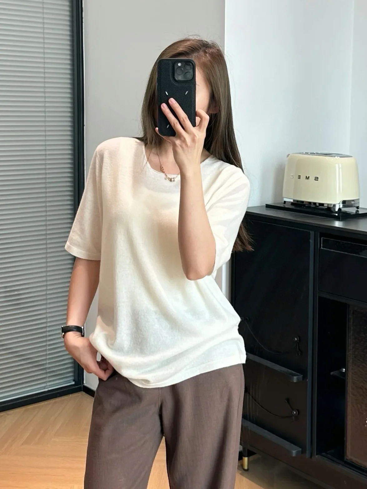 Women's casual solid color linen silk jersey o neck blouse