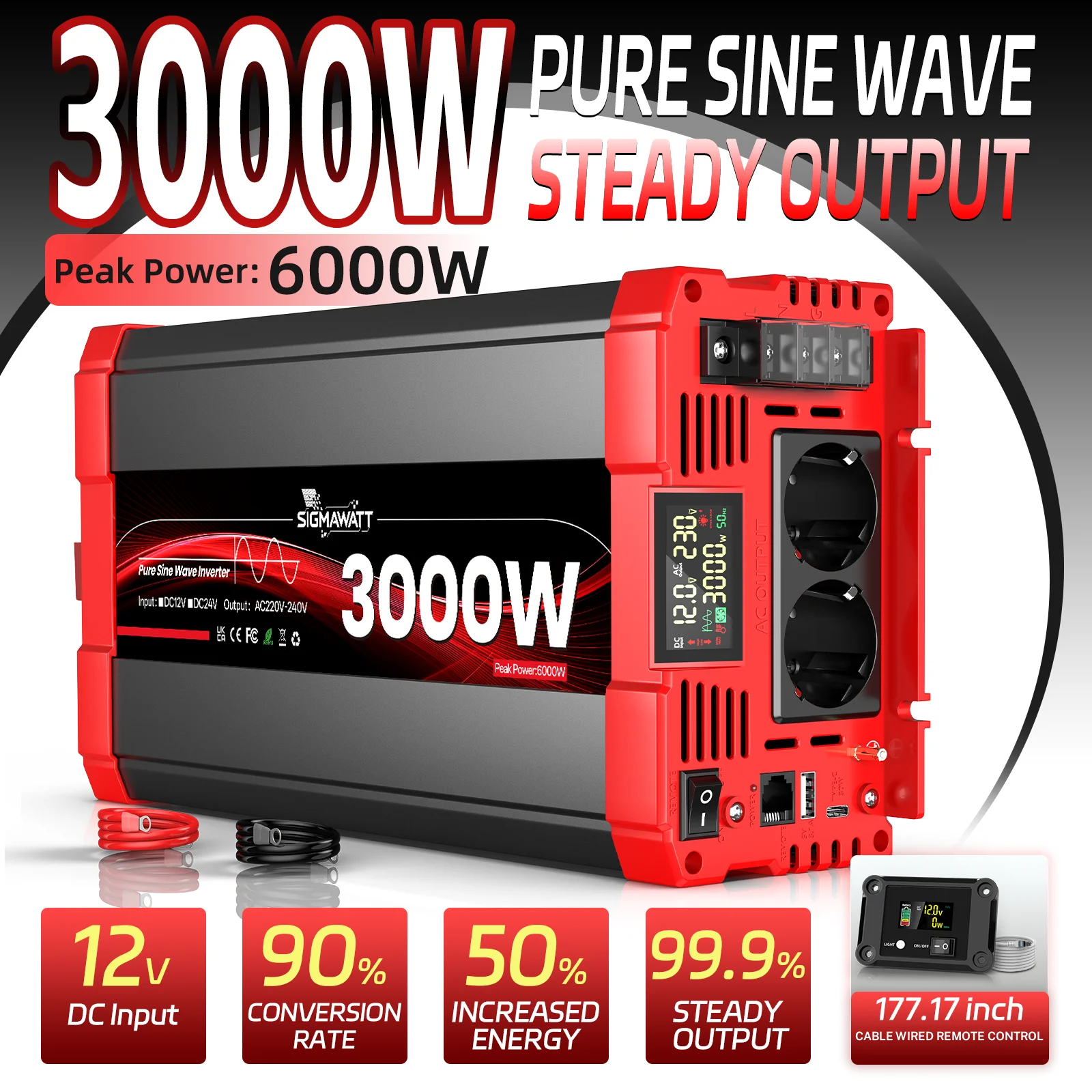 Reiner Sinus-Wechselrichter DC 12V 24V AC 230V 3000W Nennleistung 6000W Spitzenleistung LCD-Display Fernbedienung USB Typ-C Auto für Off-Grid-Anwendungen