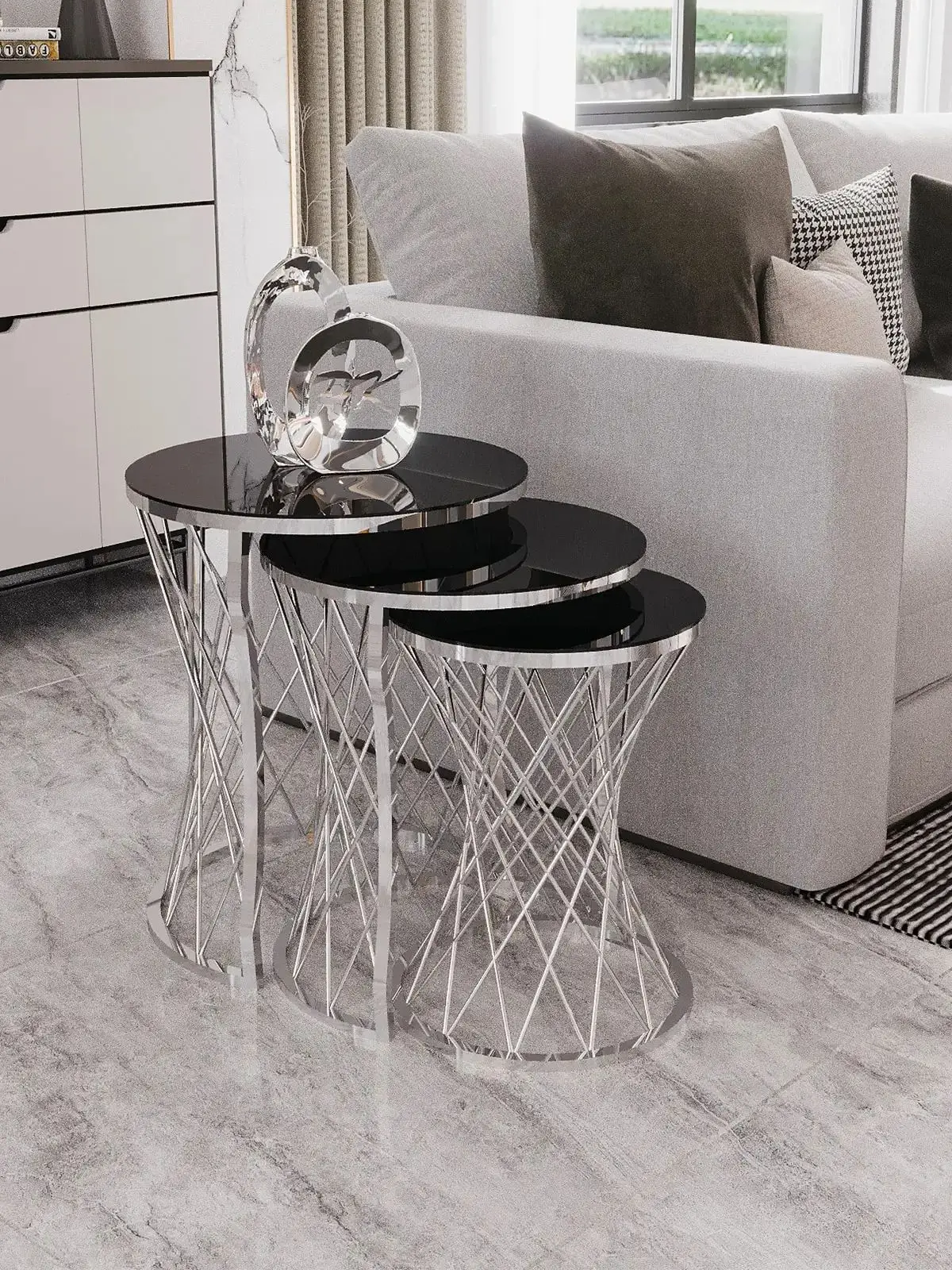 Modern Stylish Design 3 Piece Wicker Side Table Glass Model Furniture Living Room Coffee Tea Serving Table Decor