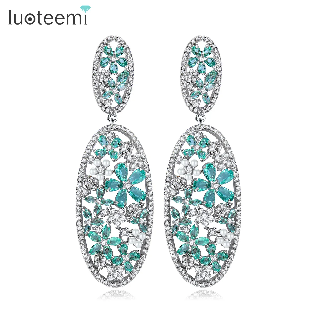 LUOTEEMI Fashion Long Big Oval Drop Earring Clear Blue Flower CZ Stones Luxurious Earring for Women Wedding Bridal Jewelry Gift