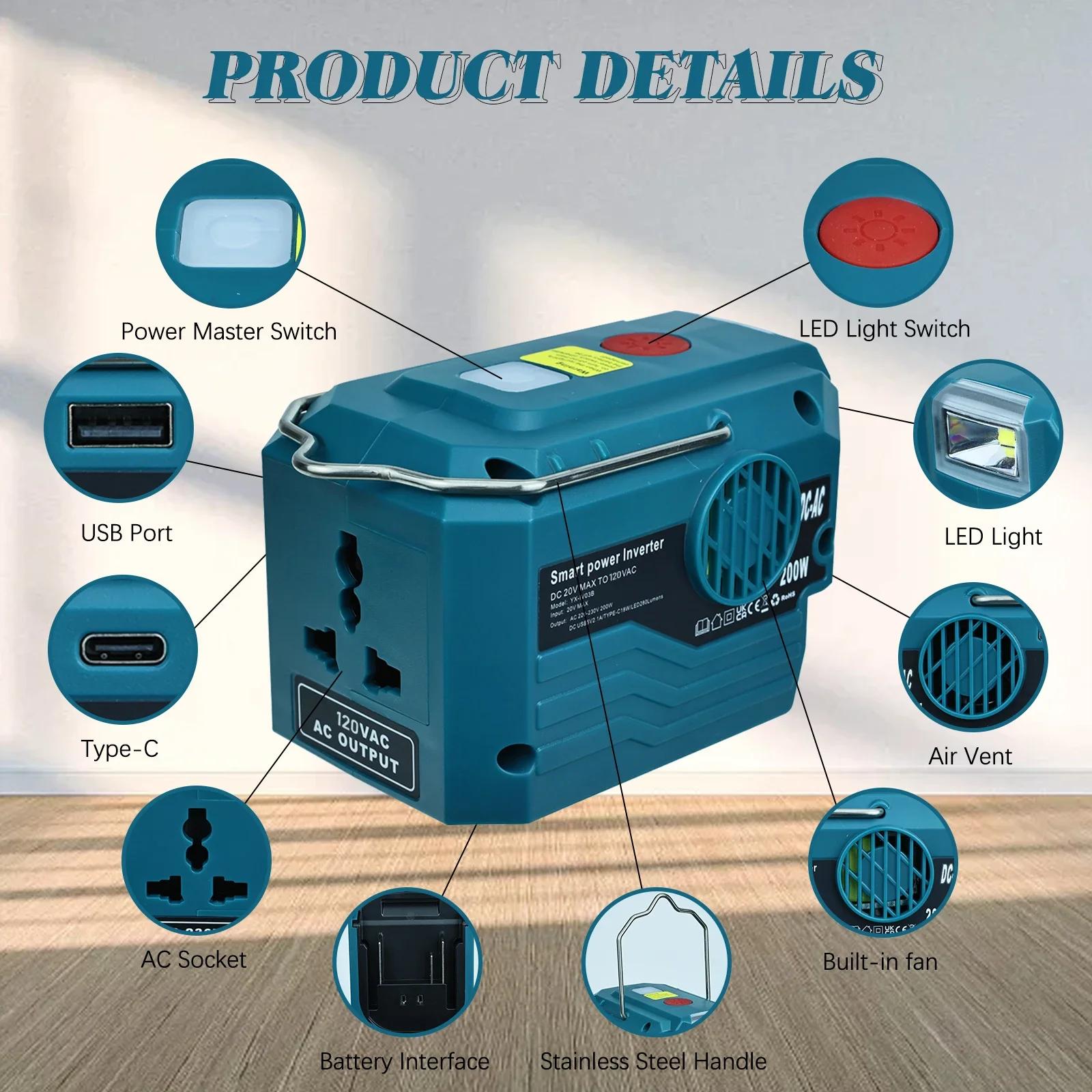 Inversor portátil 200W para baterías Makita/DeWalt 18V con luz LED - imagen 5