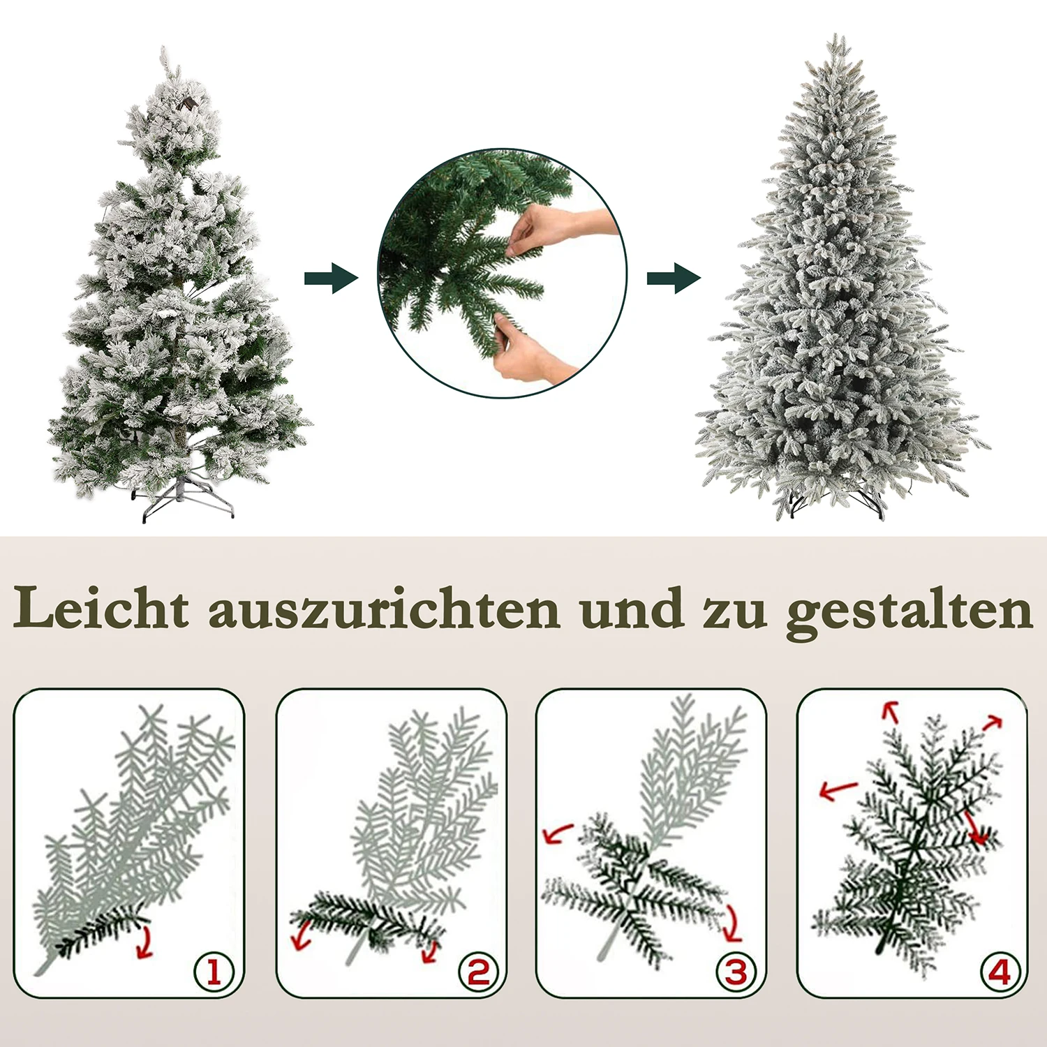 180 künstliche Weihnachtsbäume mit weißem Schnee und 935 Spitzen, 264 LED-Leuchten, PVC + PE-Material, Metallständerbaum, Party-Dekoration für den Innenbereich – Detail 8