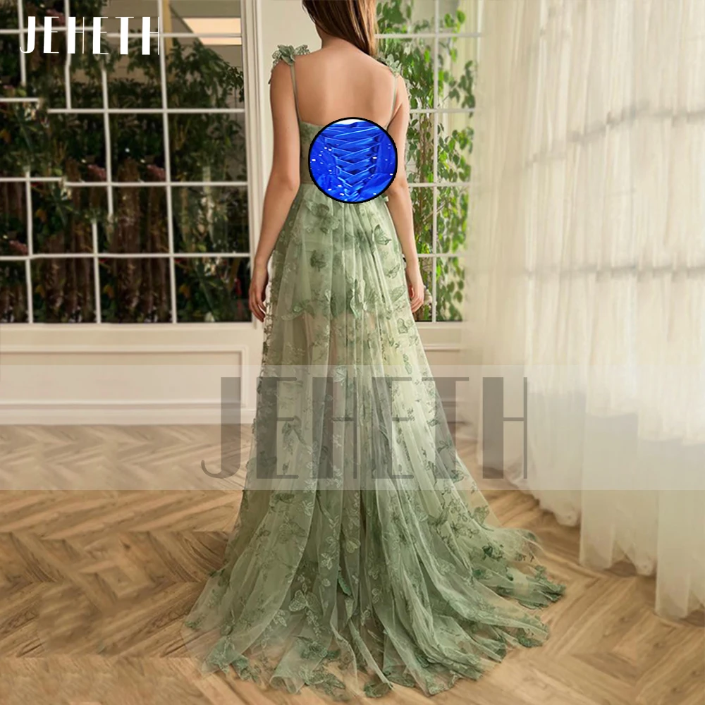 JEHETH Green Butterfly Tulle Prom Dress Spaghetti Straps Side Split Sweetheart Backless A Line Evening Graduation Party Gown