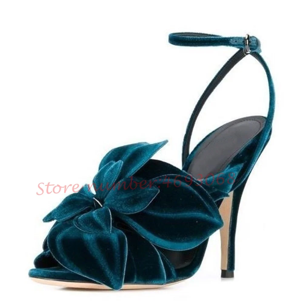 Purple Suede Flower Heels Sandals Women Elegant Pretty High Heels Party Luxury Sandals Runway Female Ankle Wrap Large Size Shoes