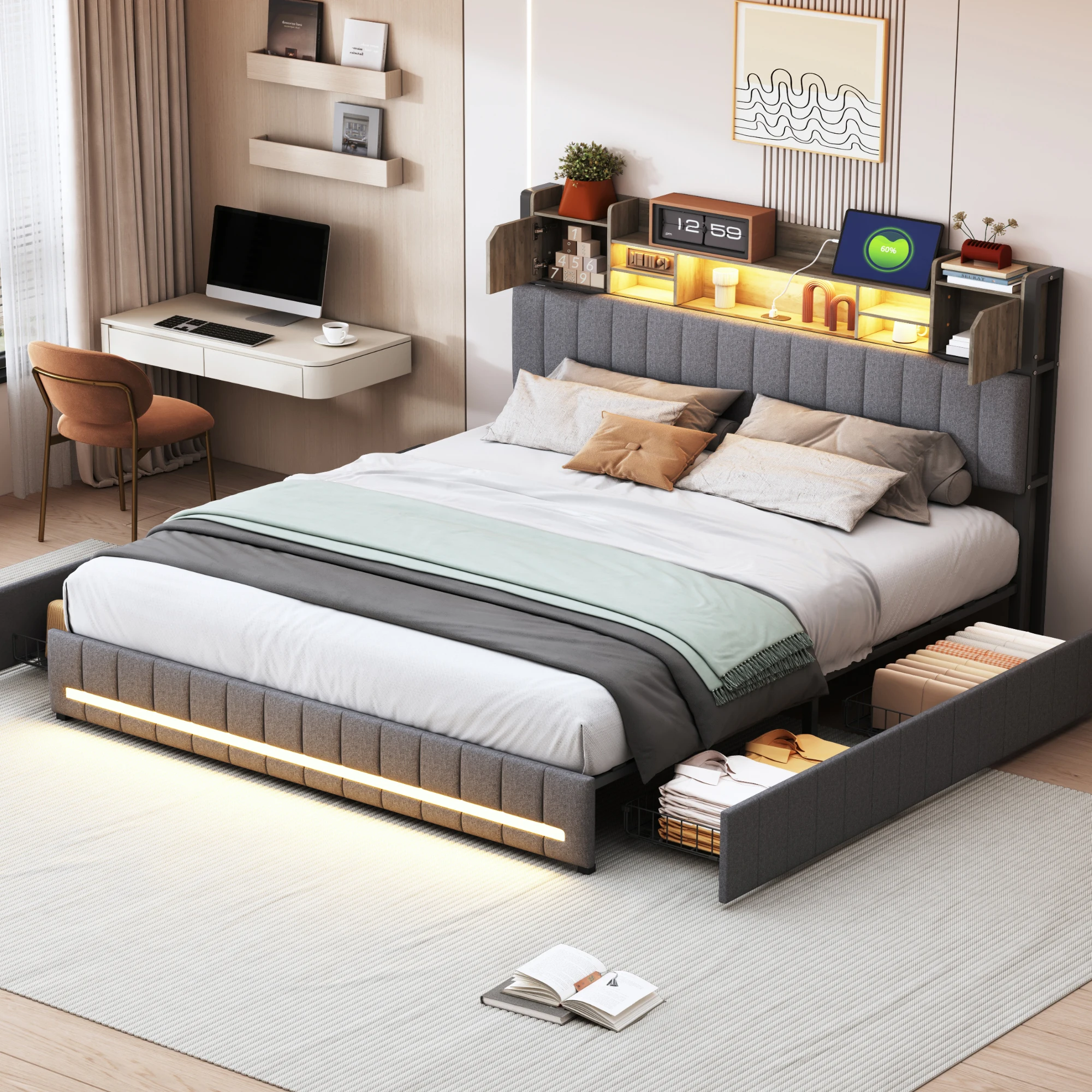 Gestoffeerd tweepersoonsbed (140/160 x 200/140 x 190 cm) met LED-verlichting en USB-poorten, hoofdbord met opbergruimte, tweepersoonsbed met 4 schuifladen, volwassenenbed met lattenbodem, linnen,