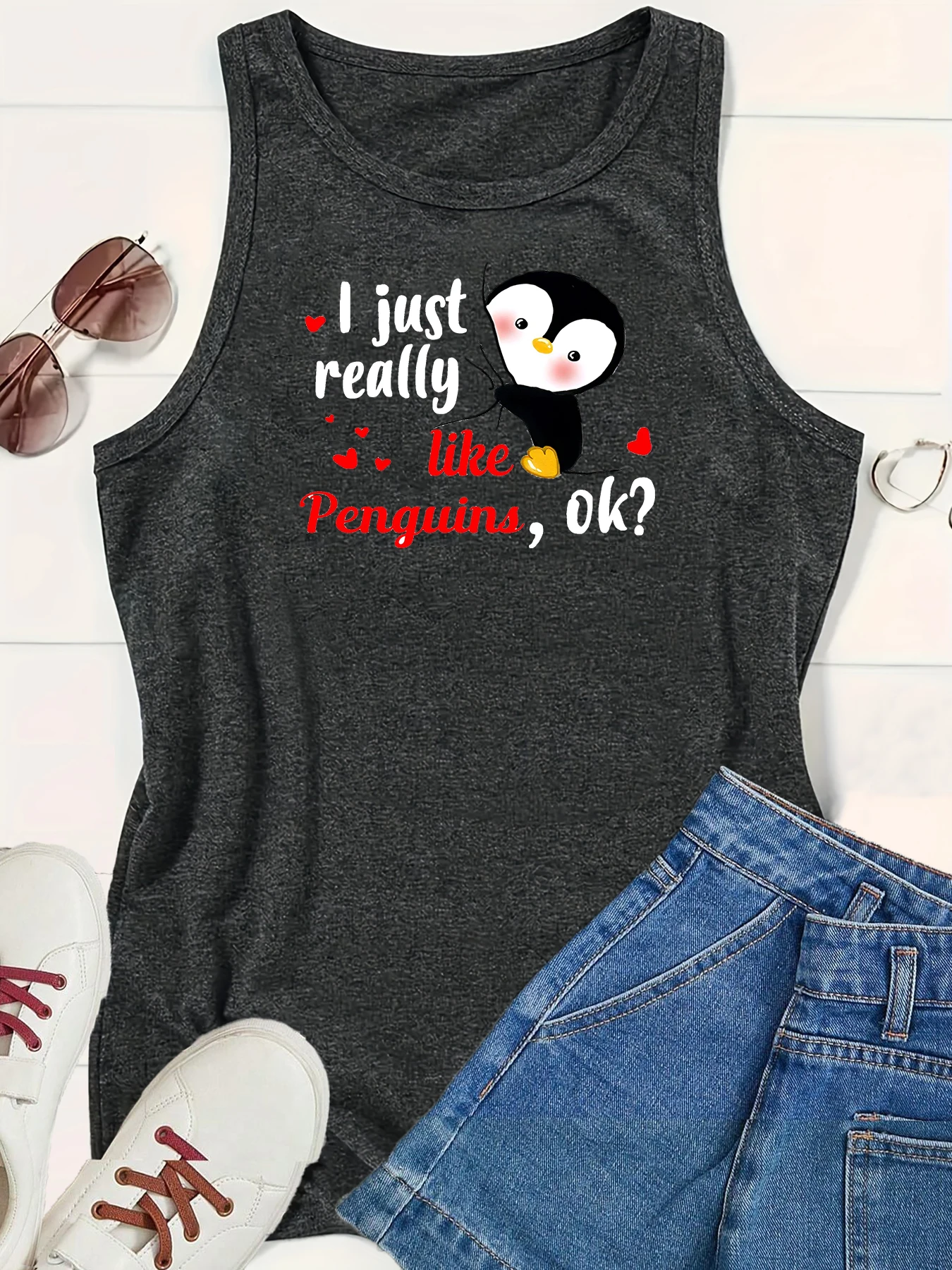 Women Print I just really like Penguins ok Fashion Girl Tank Top Casual Crew Neck Versatile Summer Sleeveless shirt Clothing S-0