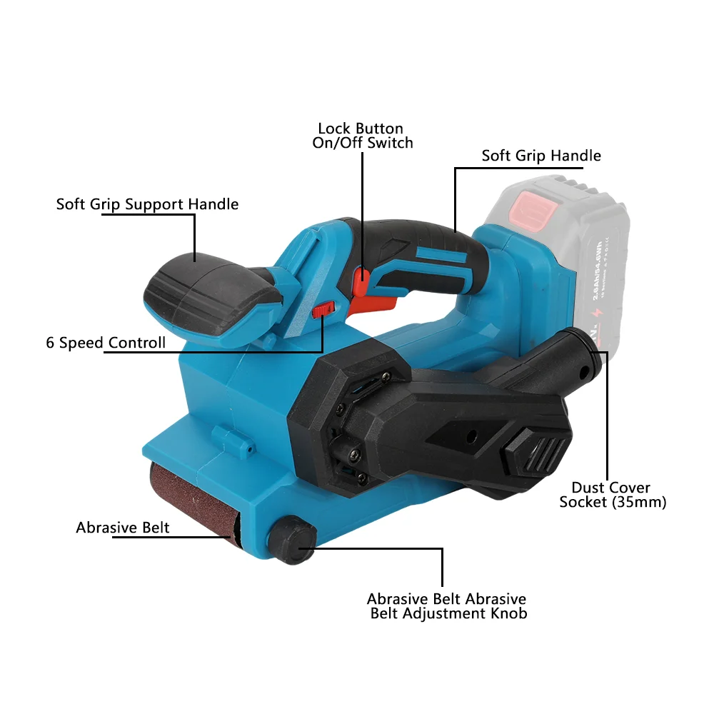 18V Akku-Bandschleifer, 6 Geschwindigkeitsstufen, 120-350 m/min, passend für Makita 18V B-Serie BL1820 BL1830 BL1850 BL1860, Gummi-Antivibrationsgriff, abnehmbarer Staubbeutel, Metall- und