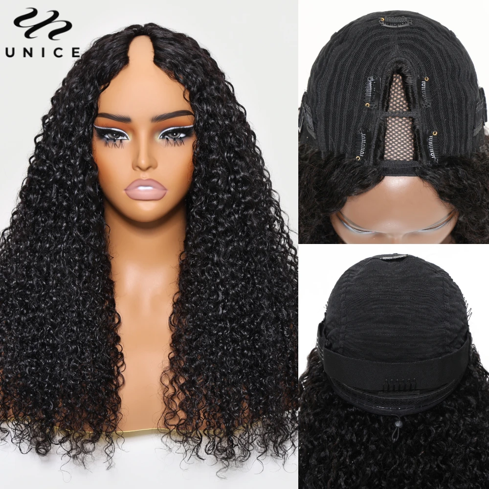 UNICE Hair Jerry Curly V Part Wig Human Hair Upgrade U Part Wig EasiContour Minimal Leave-Out Super Natural 100% Human Hair Wig