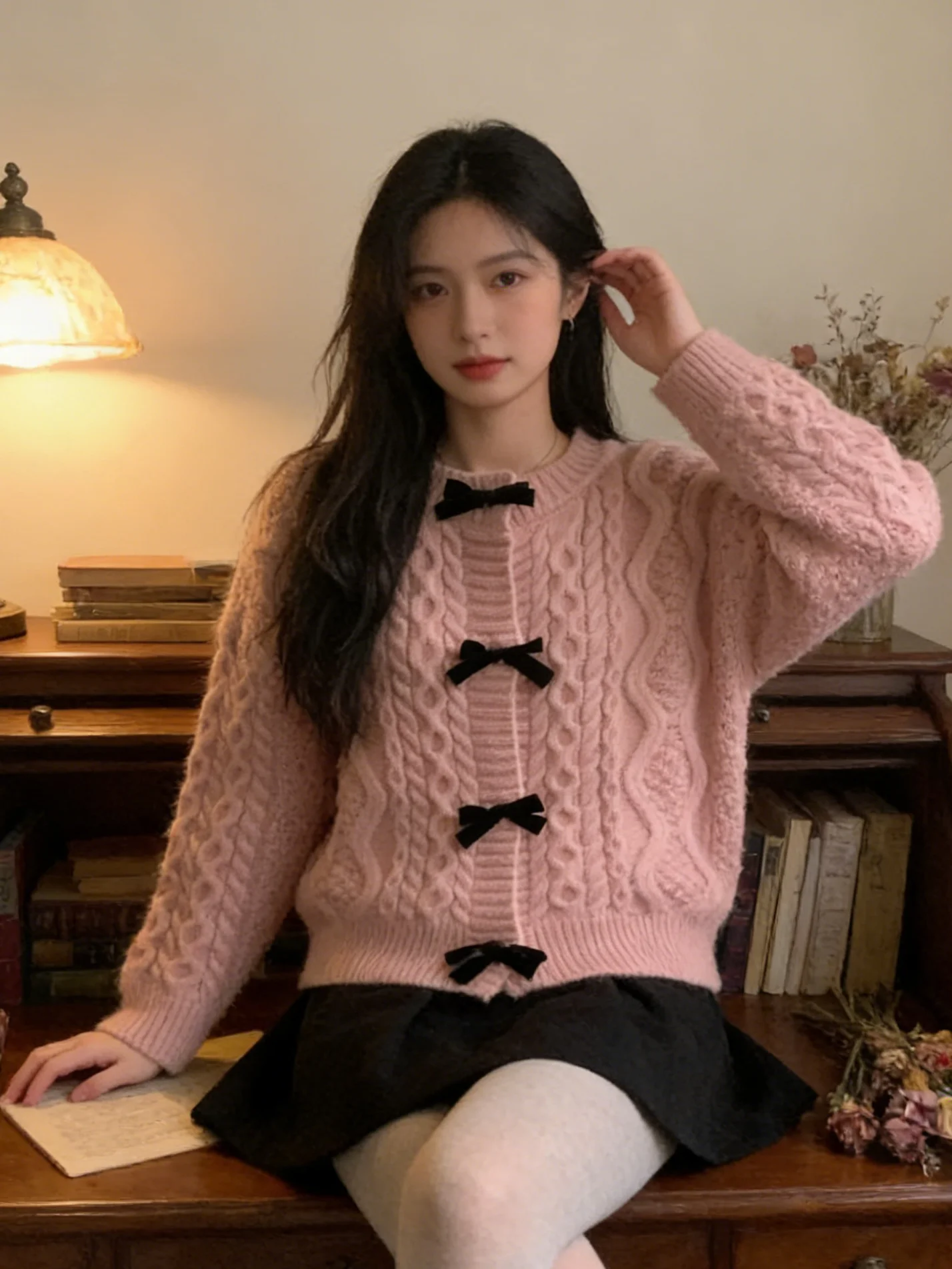 

Женский вязаный кардиган с бантом, свободный крой, в стиле ретро, модный, милый, стильный свитер