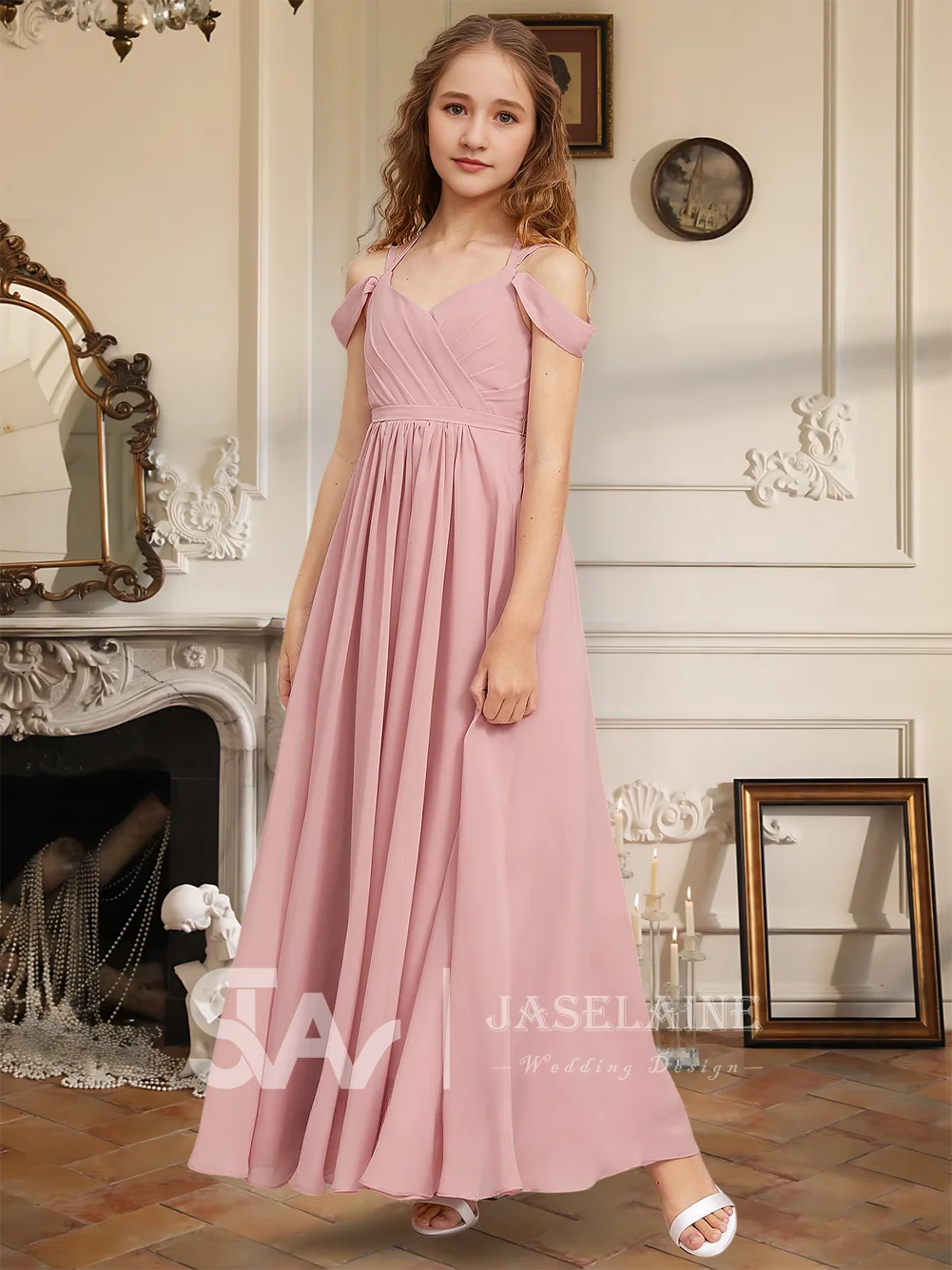 

QA Kids A Line Cold Shoulder Floor Length Chiffon Junior Bridesmaid Dress Flower Girl Dress Girls Party Wedding Formal Special