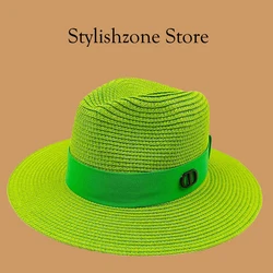 Sombrero de paja de verano para mujer, protección solar de ala ancha de color sólido, sombrero de playa unisex, sombrero de paja para exteriores, sombrero de jazz para exteriores