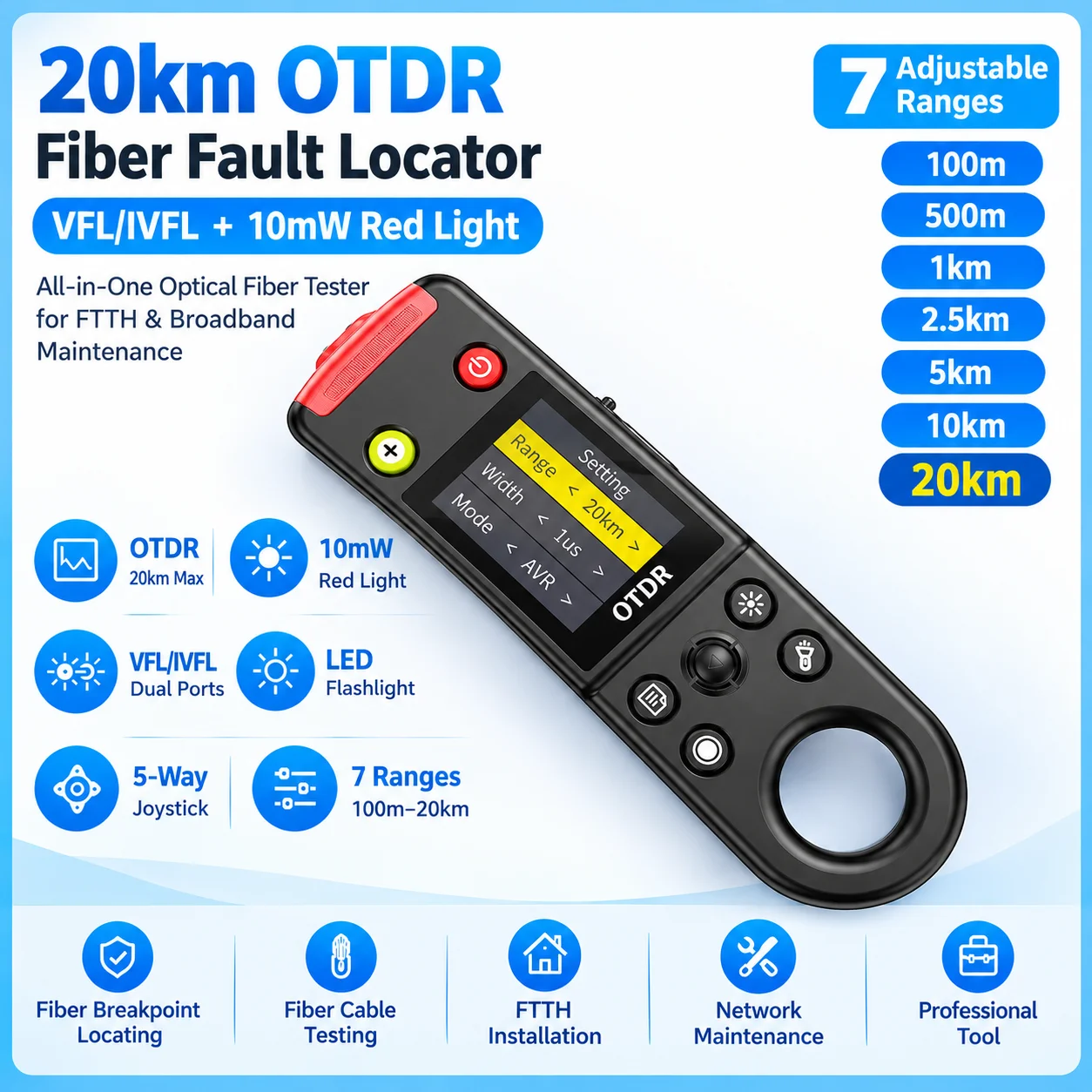 20km OTDR Fiber Fault Locator 10mW Rechargeable VFL IVFL Red Infrared Light Optical Fiber Tester Breakpoint Detector FTTH Tool