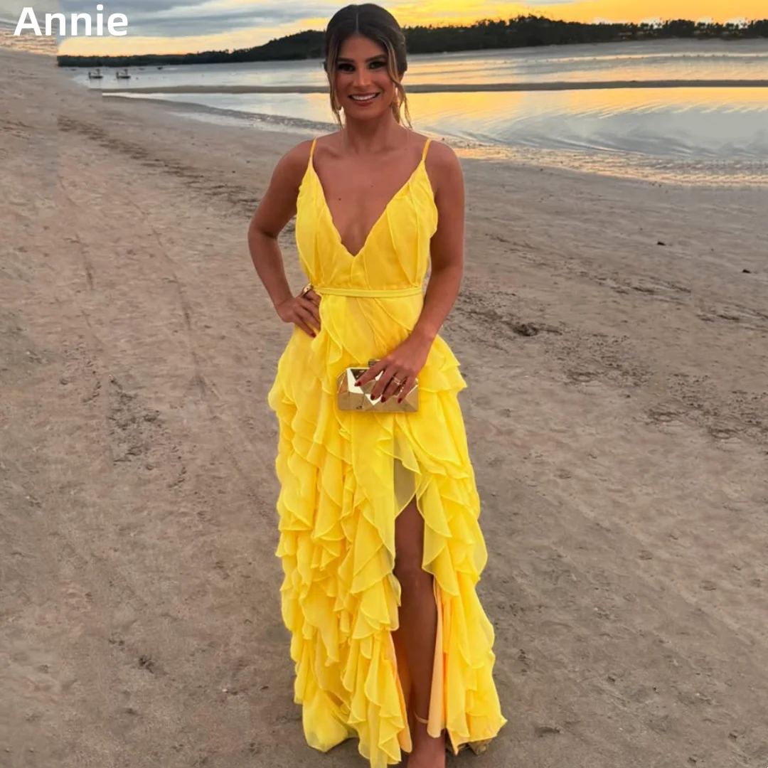 

Annie Глубокий V-образный вырез с открытой спиной Пром платья Желтые шифоновые вечерние платья А-образной формы Элегантные женские вечерние платья فساتين سهرة
