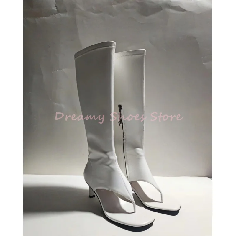 أسود اللمحة تو ساحة تو الركبة عالية ثونغ أحذية النساء الجانب سستة خنجر صندل كعب منخفض مثير موضة أحذية الصيف الحفلات جديد