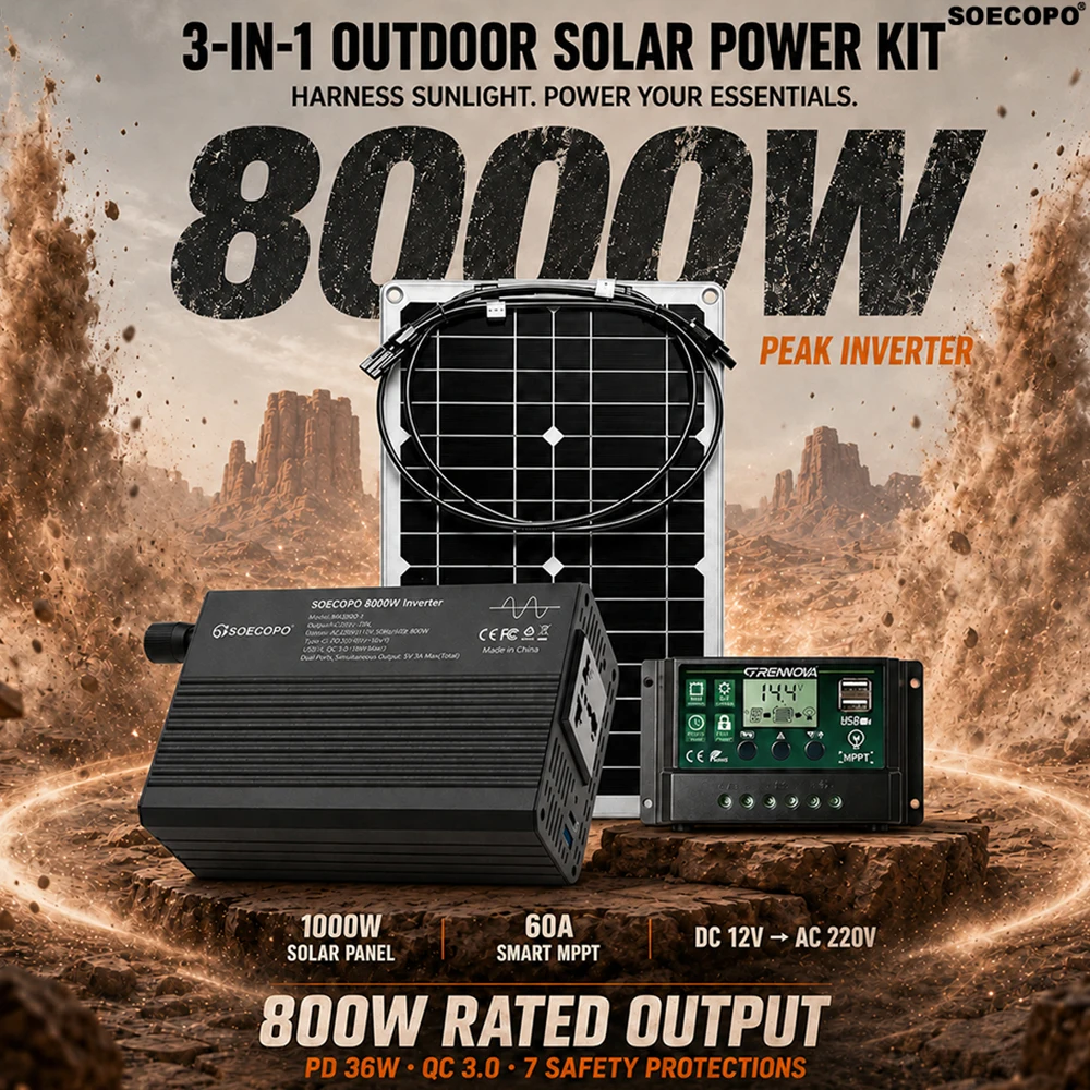 SOECOPO Solar Kit 800W Rated Output 12V 220V Type-C PD3.0 Type-A QC3.0 Inverter 1000W Panel Controller Cables Accessories Set RV