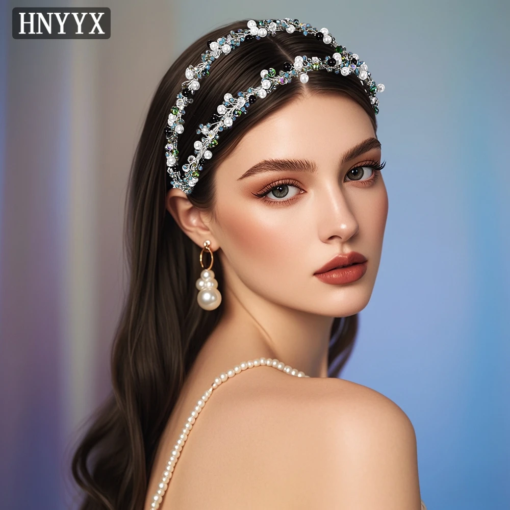 

HNYYX Green Crystal Hair Accessories Double Row Headband Pearl Hair Hoop Daily Girls Headdress Bridal Wedding Headdresses A132