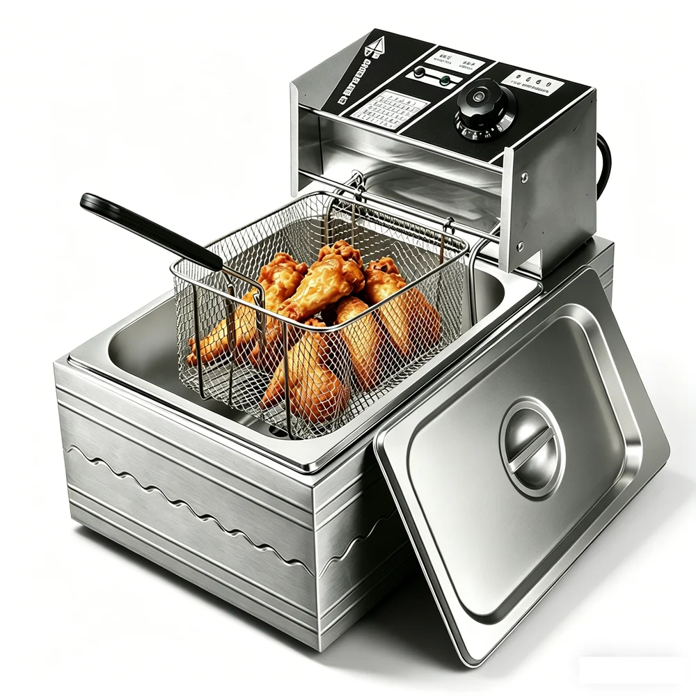 Freidora Eléctrica de Sobremesa de 6L para el Hogar con Cesta, Freidora Individual de Acero Inoxidable con Control de Temperatura