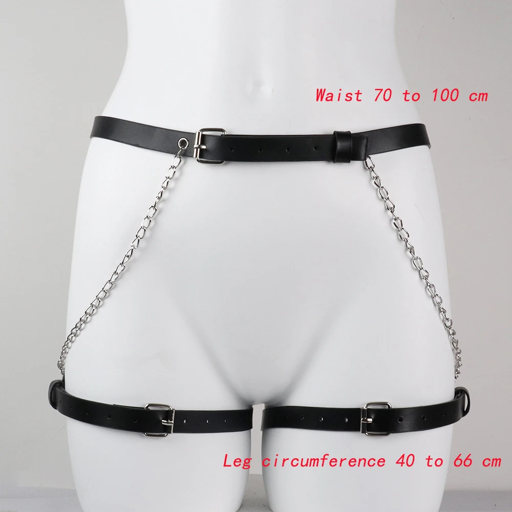 Fashion Leather Harness Garter Belt Stocking Sexy Women Suspender Body Bondage Leg Strap Cage Waist Band Metal Chains Decoration