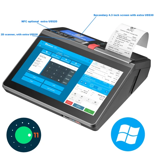 POS 터미널 기계, 안드로이드 또는 윈도우 OSD, 80mm 프린터, 11.6 인치, 2D 스캐너 옵션, 4.3 인치 두 번째 화면 