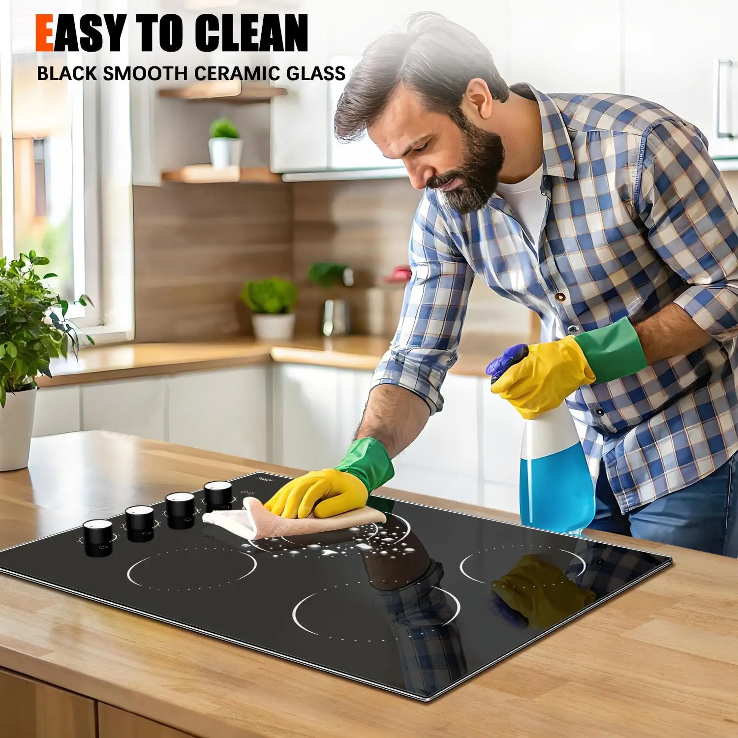 موقد كهربائي 30 بوصة، موقد كهربائي مشع مدمج مع 4 شعلات، موقد بإطار معدني للحماية الزجاجية، 6700 وات