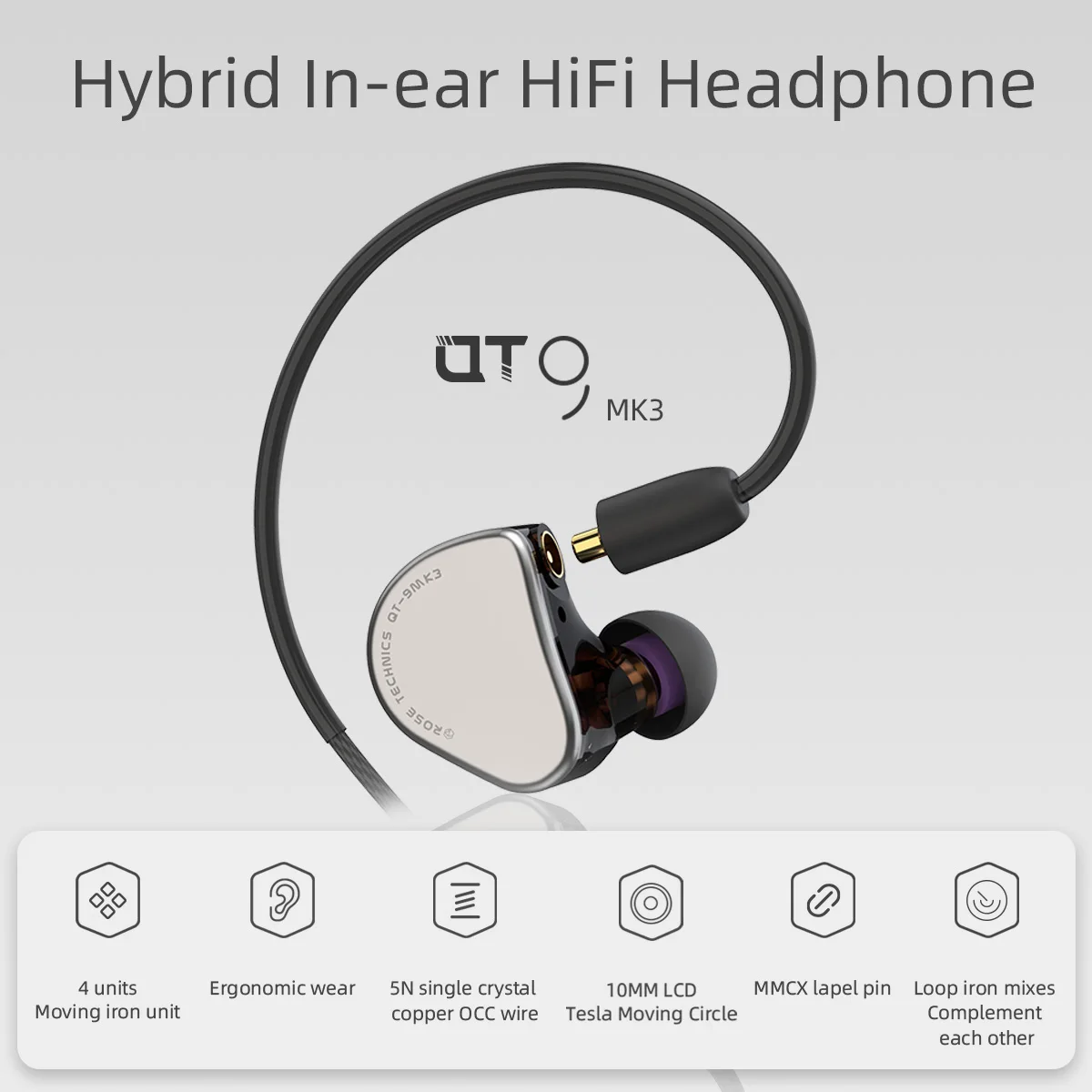 ROSESELSA QT9-MK3 1DD+4BA Hybrid In-Ear Monitor HiFi Earbuds Wired Earphones MMCX Detachable Headphone Cable IEM