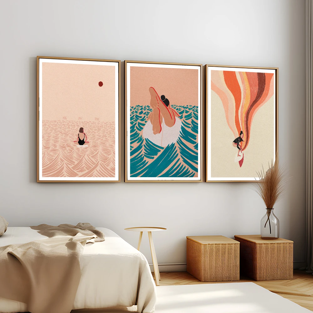 

Surfing Girl Canvas Art Poster and Print Ocean Lines Canvas Painting Illustration Wall Art Picture for Living Room Home Decor