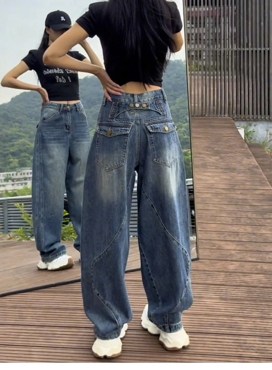 

Женские широкие джинсы синего дизайна с пуговицами, классические уличные свободные прямые джинсы в стиле хип-хоп с высокой талией