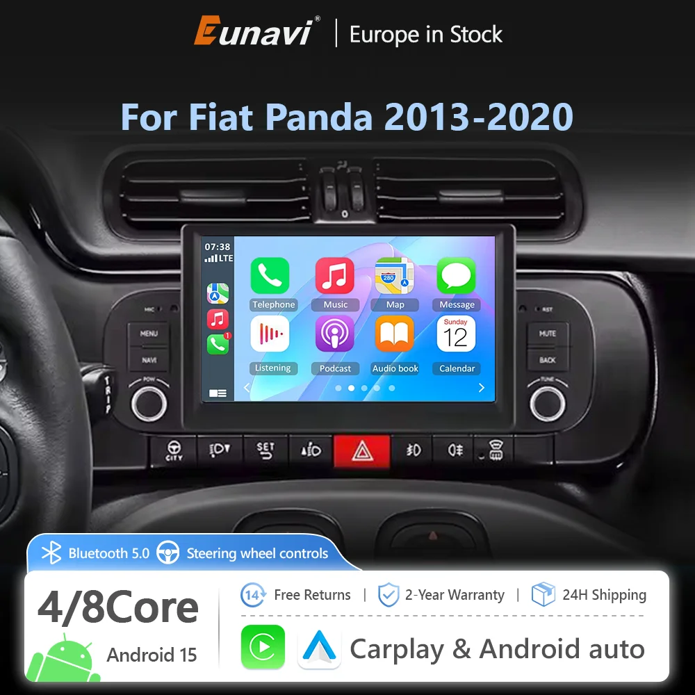 Eunavi, autoradio multimediale GPS per auto con schermo intelligente 4G, sistema Android 13, 2DIN, 7 pollici, compatibile con Fiat Panda 2013-2020, con funzionalità Carplay, DSP e navigazione GPS.