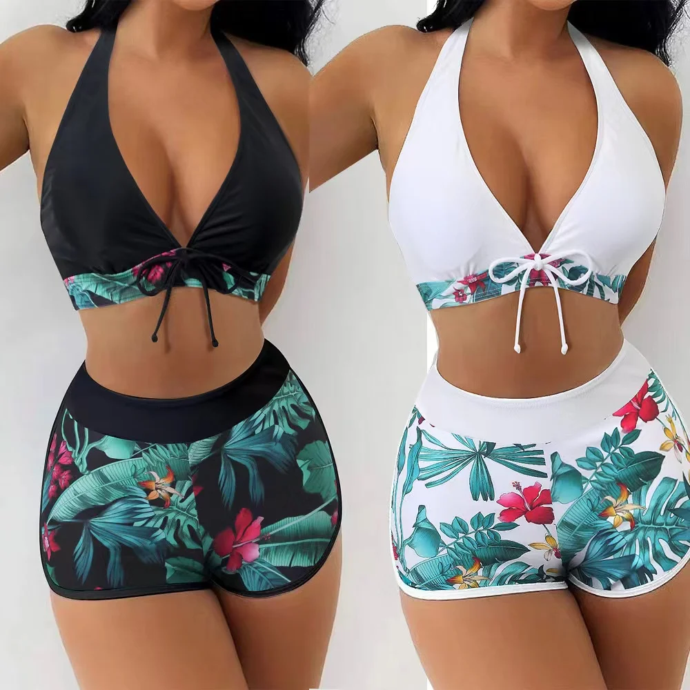 Swimsuit for Women 2 Piece Bikini with Floral Print Bottoms Set Tie Swimwear Halter String Triangle Bathing Suit