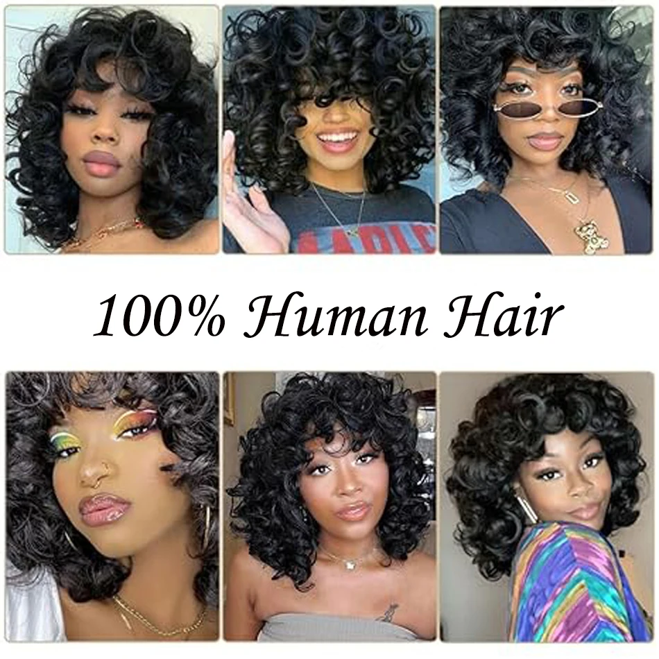 Brazilian Remy 100% Human Hair Bouncy Curly Bob With Bangs For Women Machine Made Wigs 250% Density Bob Wigs Natural Color