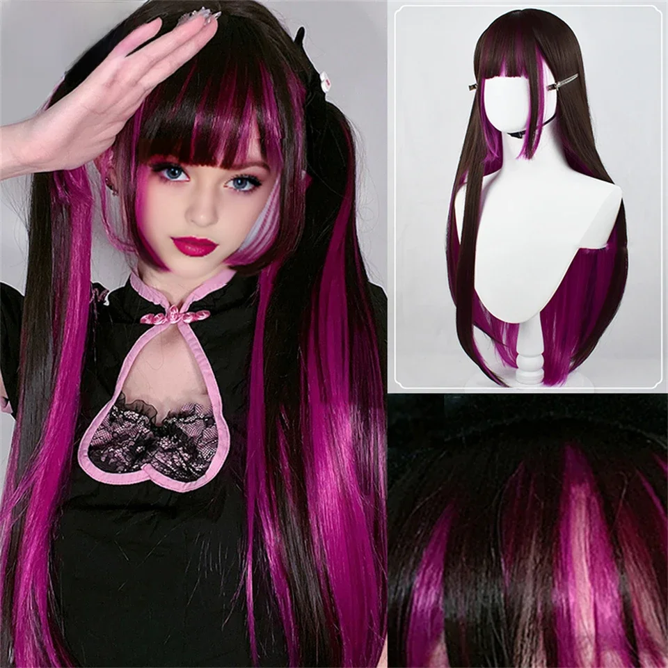 LM Black And Rose Straight Hair Wig Syntetyczne długie falowane peruki z grzywką dla kobiet Cosplay Naturalne włókno wysokotemperaturowe — zdjęcie 2