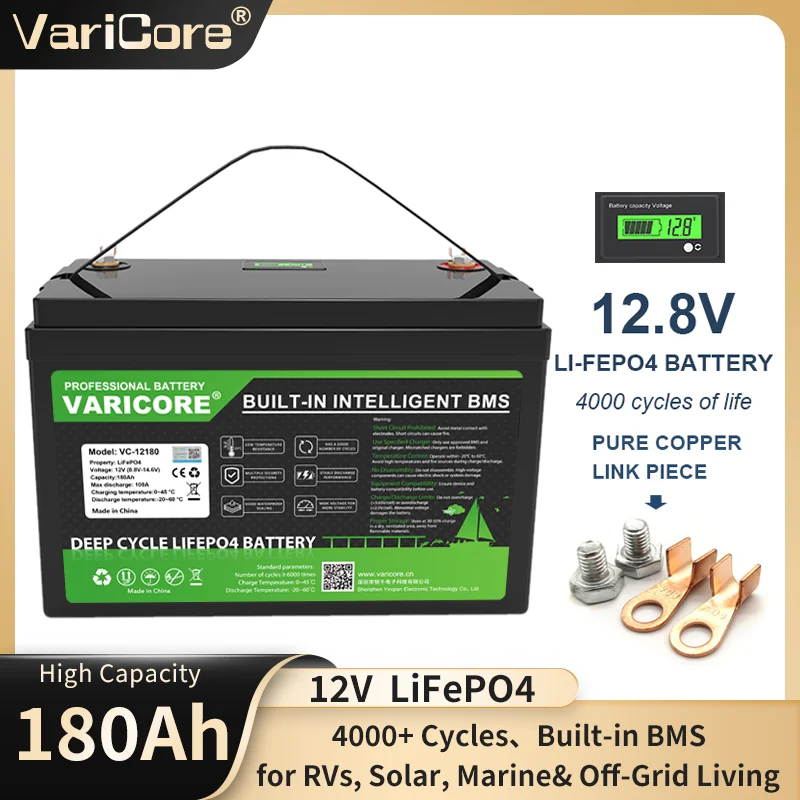 Batería VariCore LiFePO4 12V180Ah, Estación de Energía para Aventuras al Aire Libre, Respaldo Doméstico, Camping, RV, Marino y Energía Autónoma