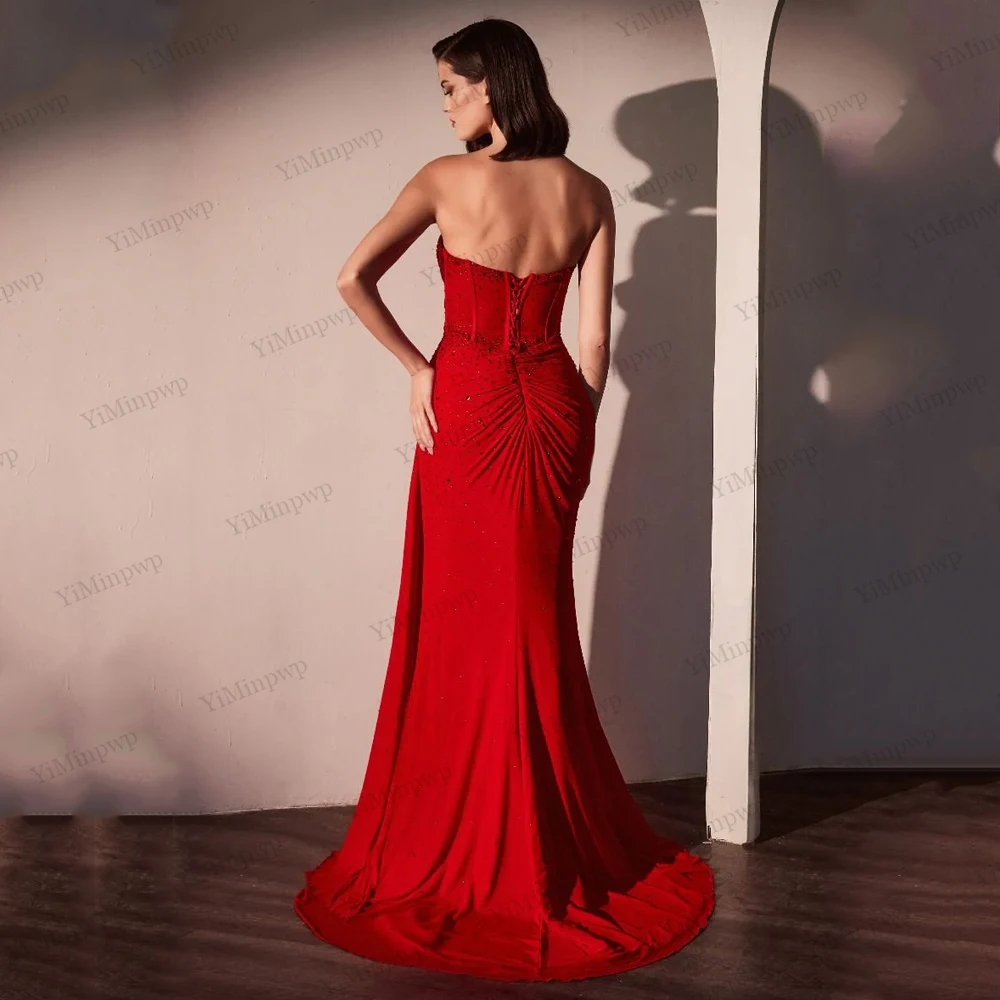 Zeemeermin diamanten galajurk plooi rode avondjurken luxe jurk 2025, sweep trein strapless satijn vestidos de fiesta op maat