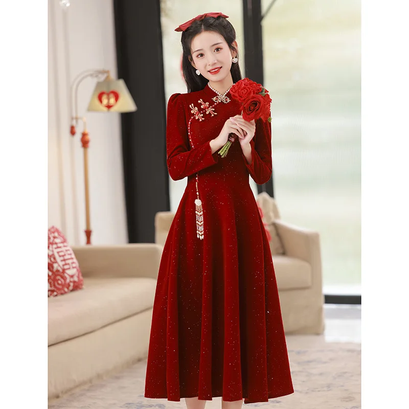 Toast cheongsam bride wedding wine red engagement evening dress female